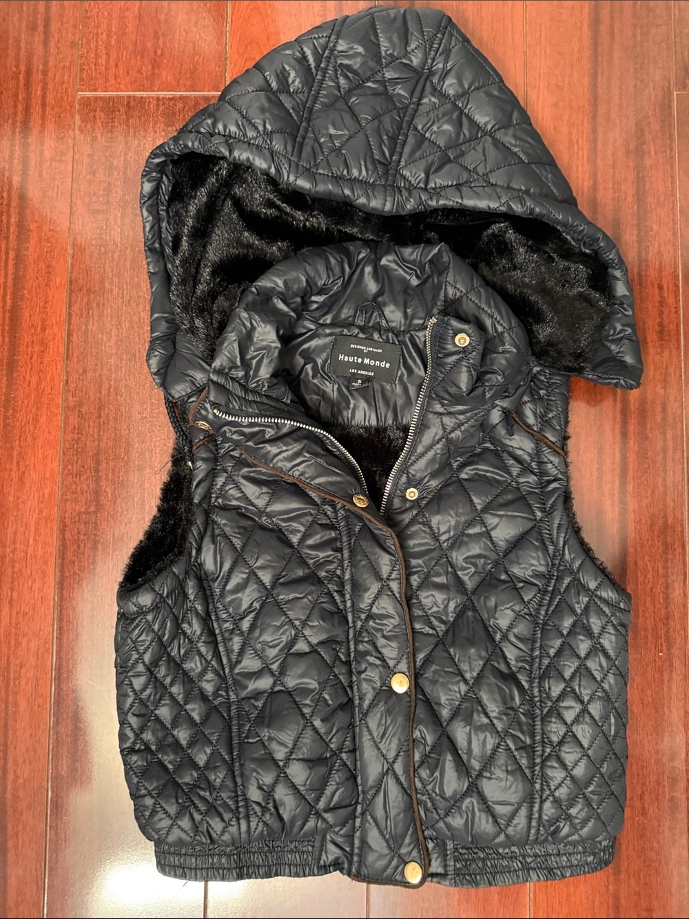 Haute Monde Quilted Hooded Vest in Black with Faux Fur